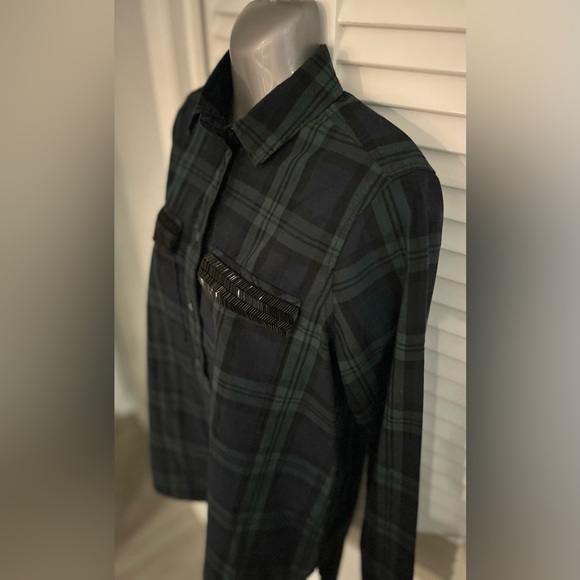 J Crew pullover long sleeve plaid beaded sequin pocket, half button down shirt - Picture 3 of 10